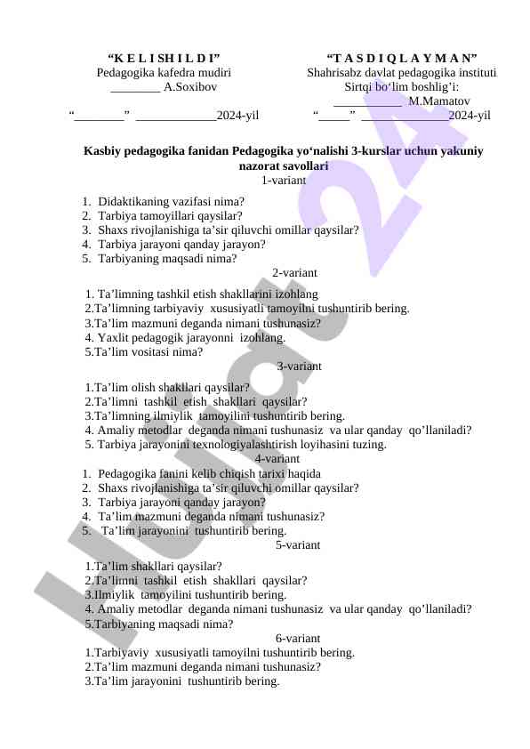 Pedagogika yo‘nalishi 3-kurslar uchun yakuniy nazorat