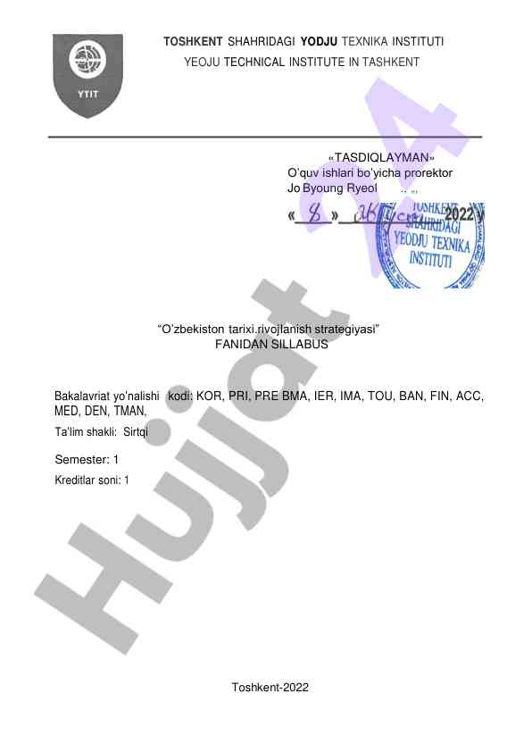 O'zbekiston tarixi rivojlanish strategiyasi sillabusi