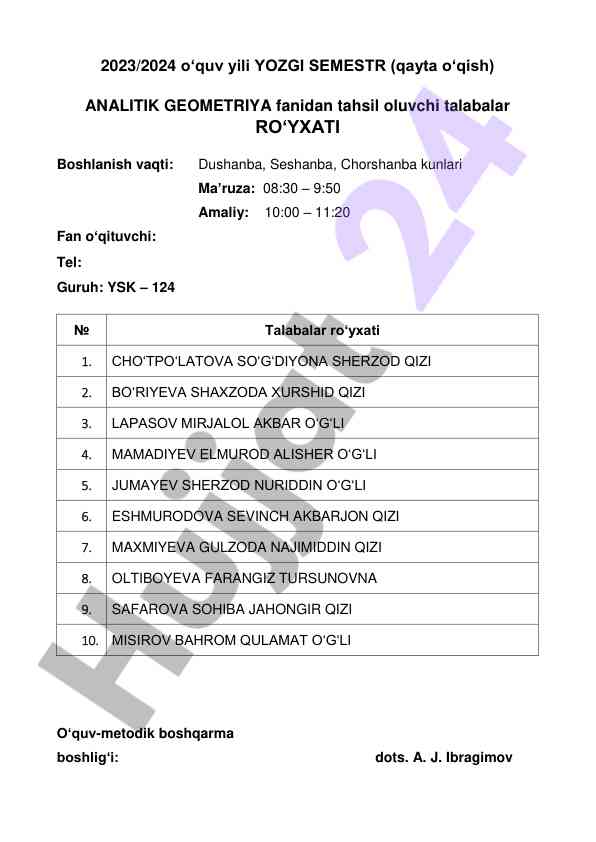 Yozgi semestr talabalar ro'yxati analitik geometriya