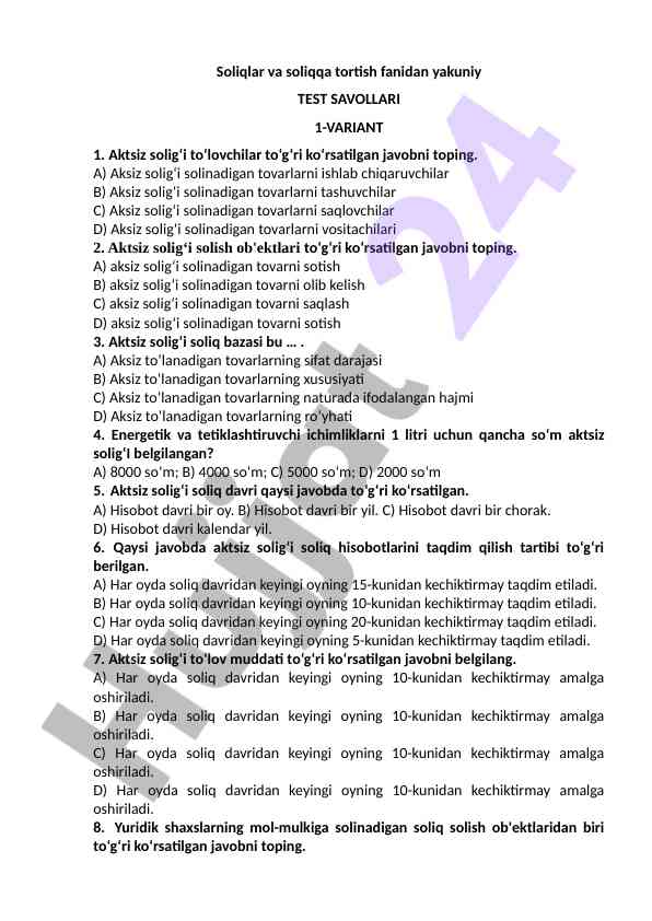 Soliqlar va soliqqa tortish fanidan test savollari