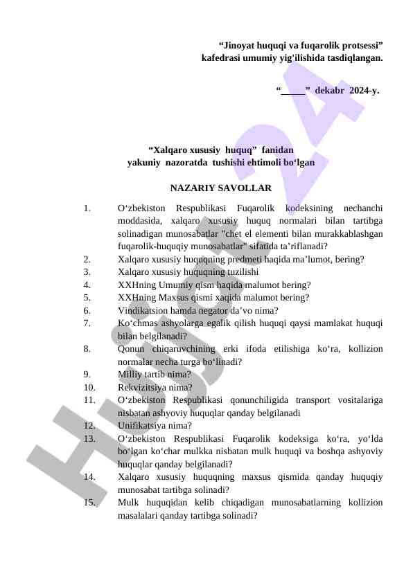 Xalqaro xususiy huquq: nazariy savollar bo‘yicha ko‘rsatmalar