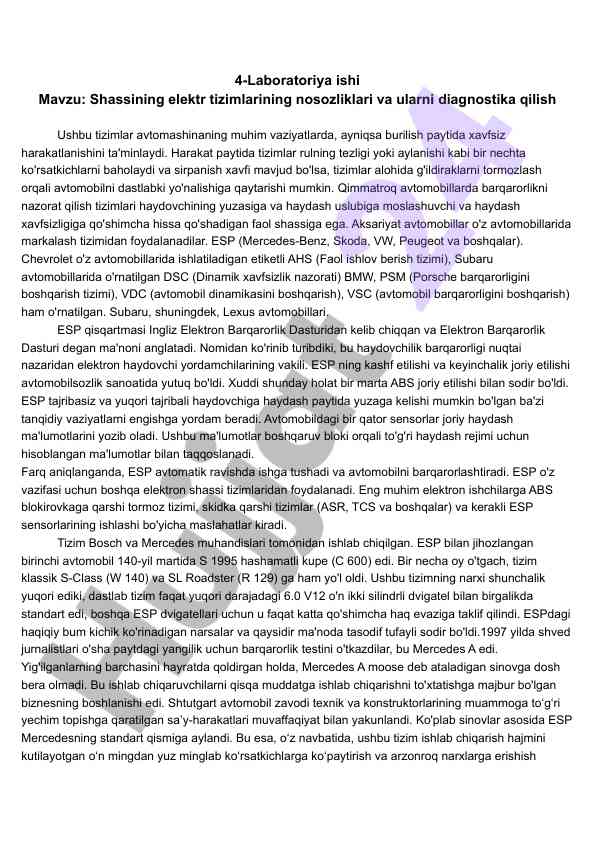 Shassining elektr tizimlarining nosozliklari diagnostikasi