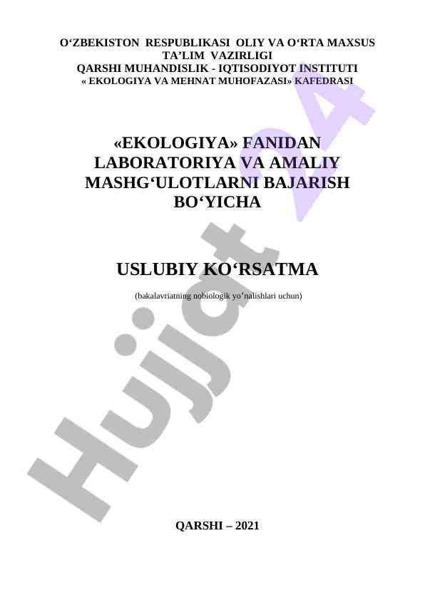 Ekologiya fanidan laboratoriya va amaliy mashg'ulotlar