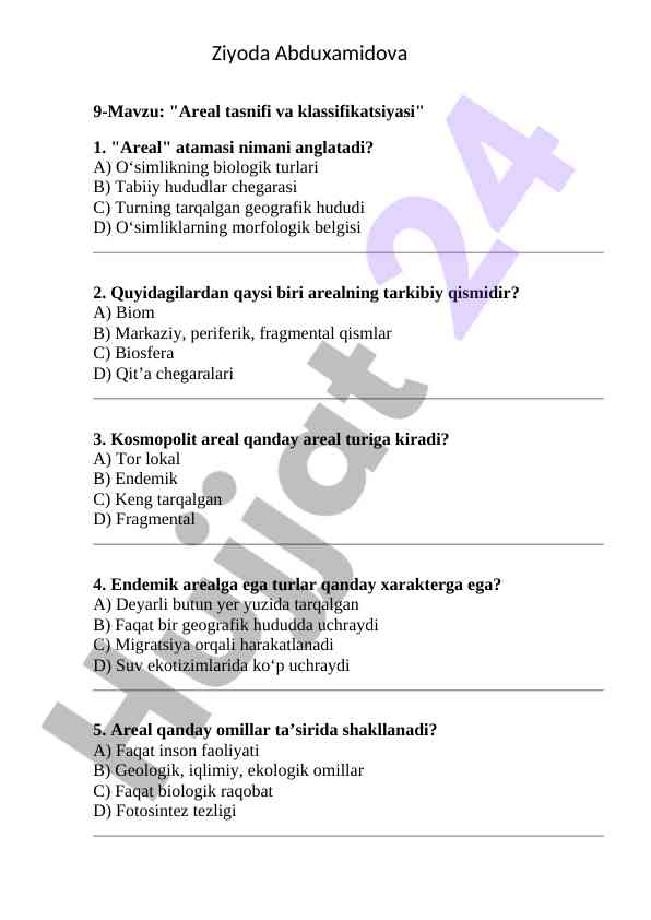 Areal tasnifi va klassifikatsiyasi savollari