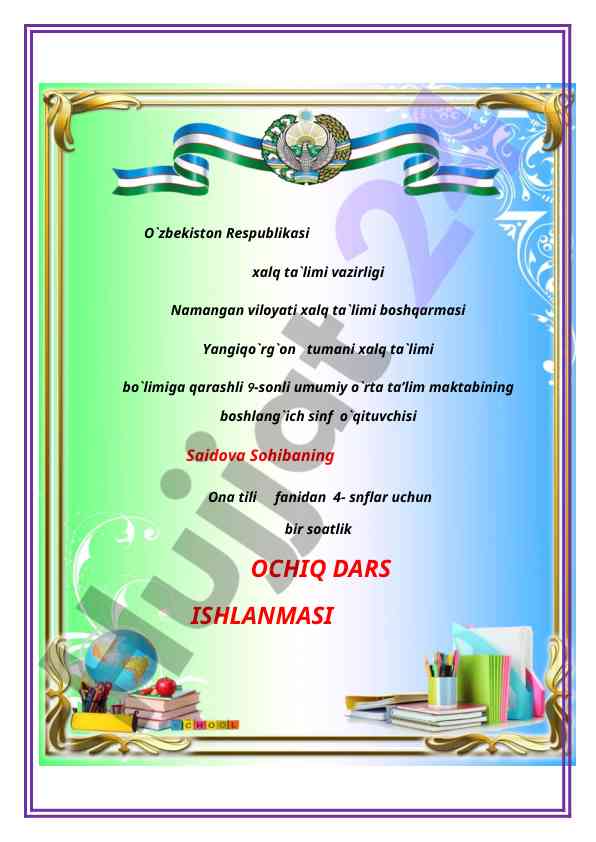 Ona tili fanidan 4-sinflar uchun ochiq dars ishlanmasi