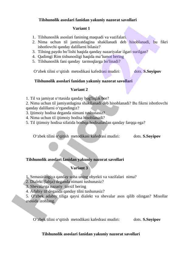 Tilshunolik Asoslari Fanidan Yakuniy Nazorat Savollari