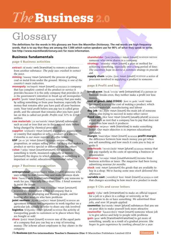 Business vocabulary glossary for pre-intermediate learners
