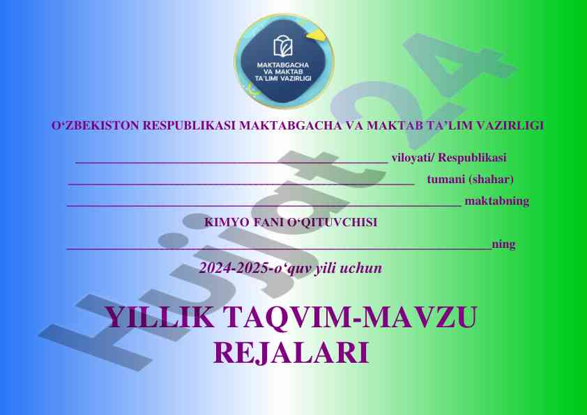 Yillik ta'vim-mavzu rejalari uchun kimyo darslari