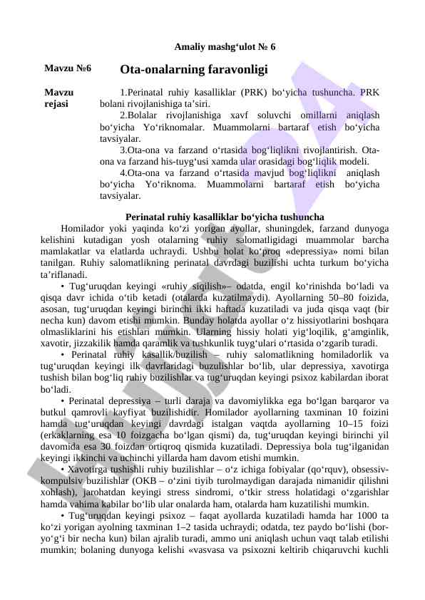Perinatal ruhiy kasalliklar tushunchasi va muammolari