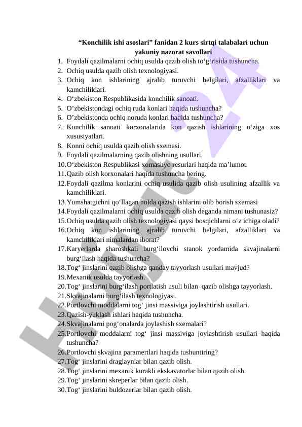 Konchilik ishi asoslari kursi 2-kurs sirtqi talabalari