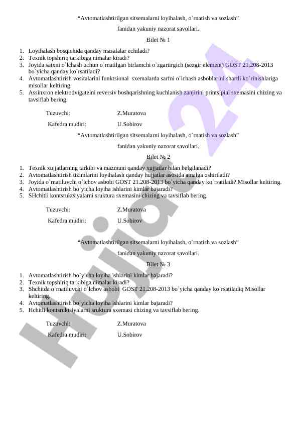Avtomatlashtirilgan sitsеmalarni loyihalash nazorat savollari