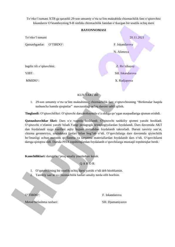 Chizmachilik fanidan oʻtkazilgan ochiq dars tahlili