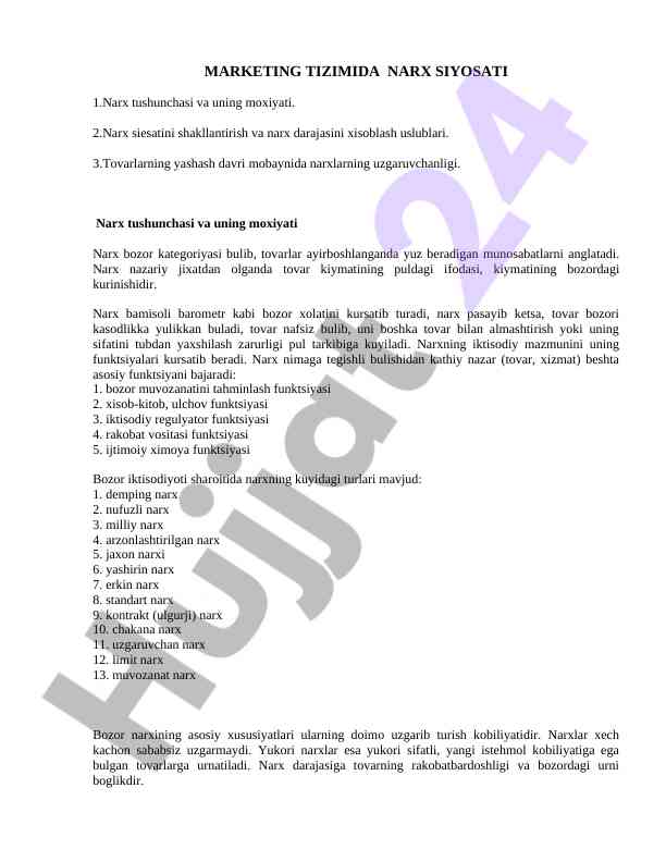 Narx siyosati va uning moxiyati tahlili