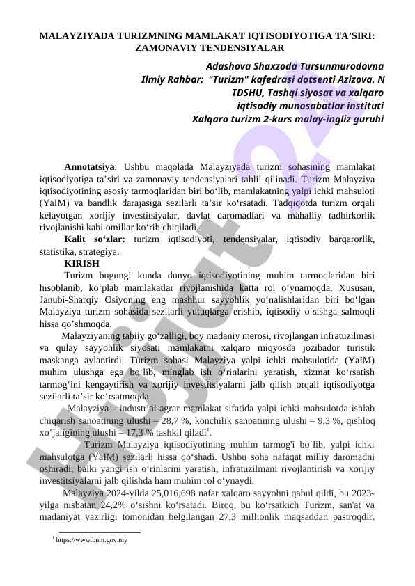 Malayziyada turizmning iqtisodiyotga ta'siri