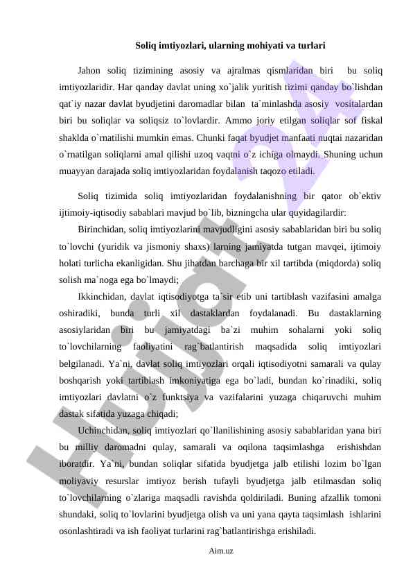 Soliq imtiyozlari mohiyati va turlari tahlili
