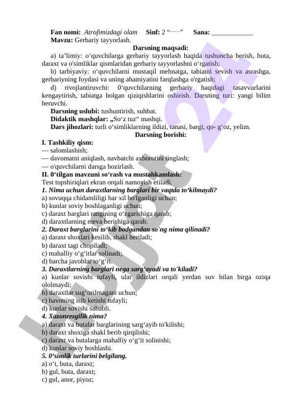 Gerbariy tayyorlash dars ishlanmasi