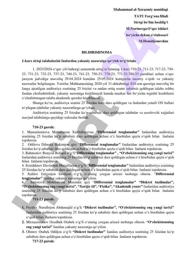 Sirtqi talabalar uchun o‘quv jarayoni jadvali