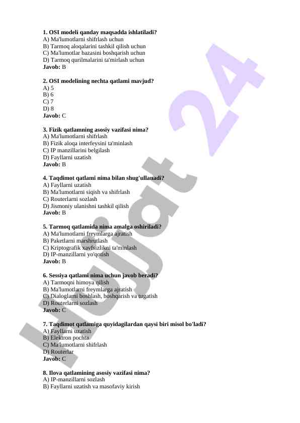 Osi modeli haqida test savollari