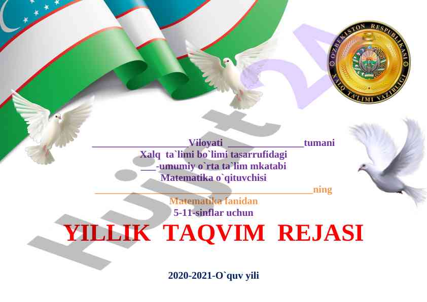 Yillik taqvim rejasi matematika fanidan 2020-2021