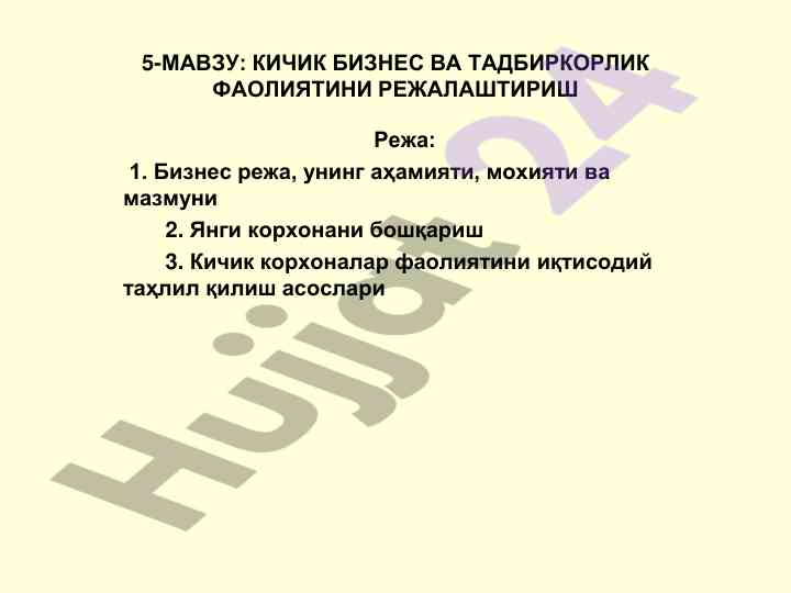 Kichik biznes va tadbirkorlik faoliyatini rejalashtirish