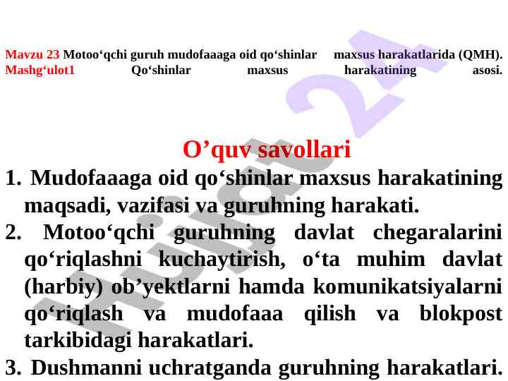Motoo‘qchi guruh mudofaaaga oid maxsus harakatlar