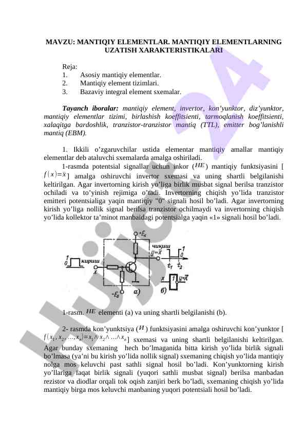 Mantiqiy elementlar va ularning xususiyatlari