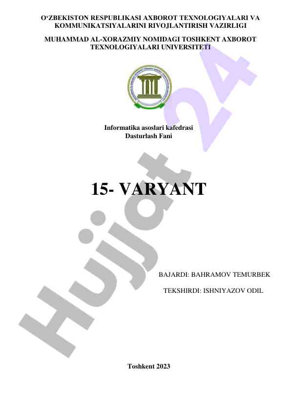 Dasturlash fani kursi bo‘yicha 15-varyant