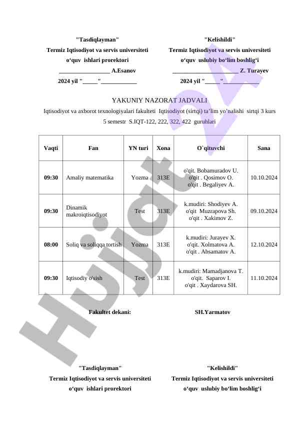 Iqtisodiyot fakulteti sirtqi ta'lim nazorat jadval