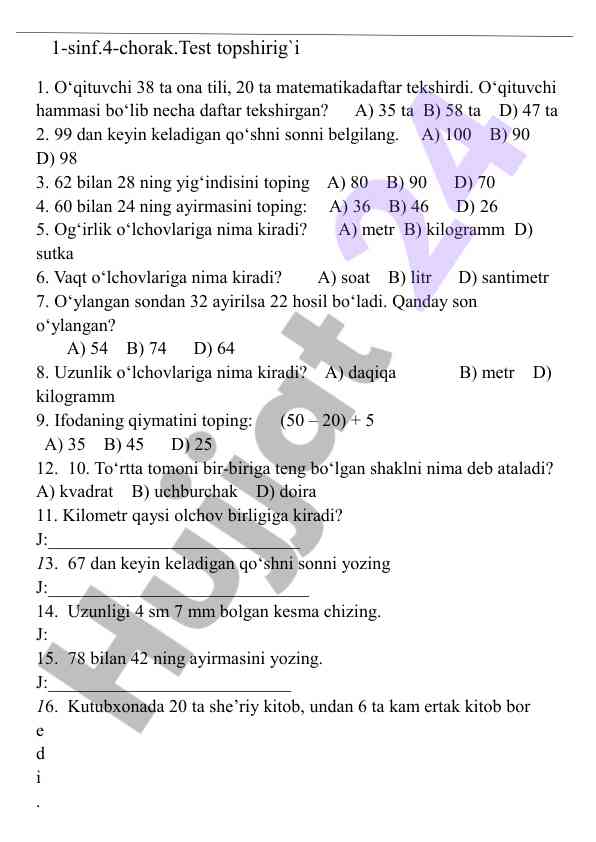 1-sinf 4-chorak test topshiriqlari