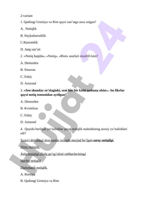 Qadimgi gretsiya va rim notiqlik san’atlari testi