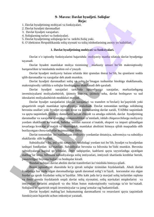Davlat byudjeti va soliqlarning turlari