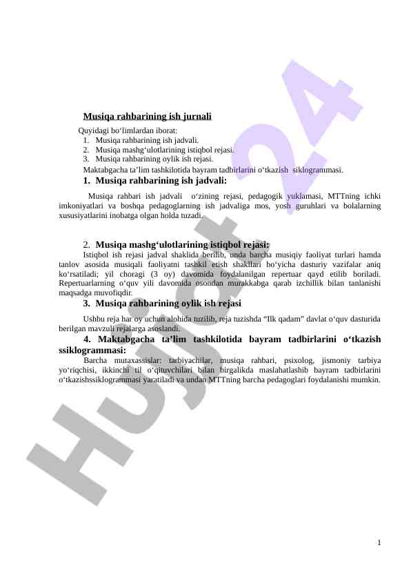 Musiqa rahbarining ish jadvali va rejalari