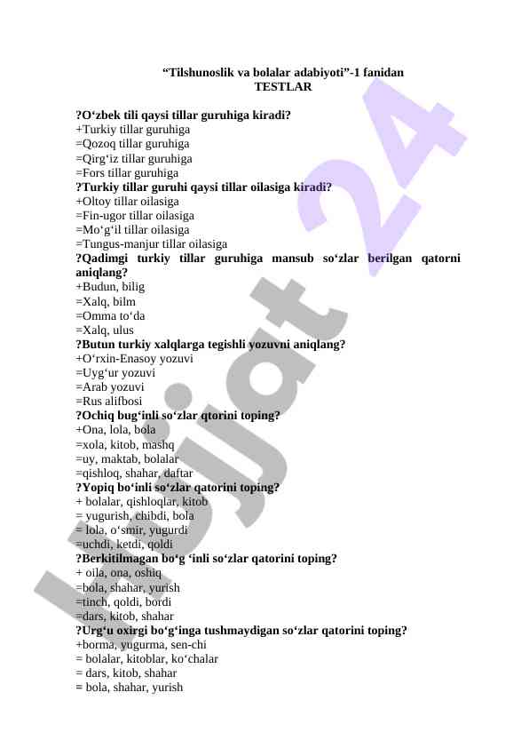 Tilshunoslik va bolalar adabiyoti fanidan testlar