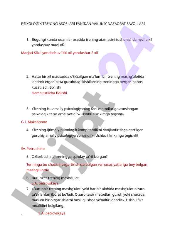 Psixologik trening asoslari yakuniy nazorat savollari