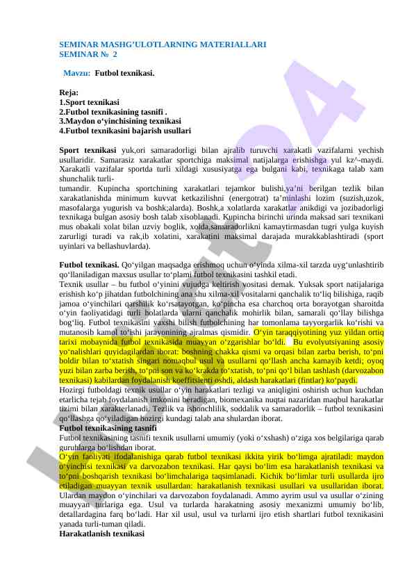 Futbol texnikasi seminar mavzusi va plani