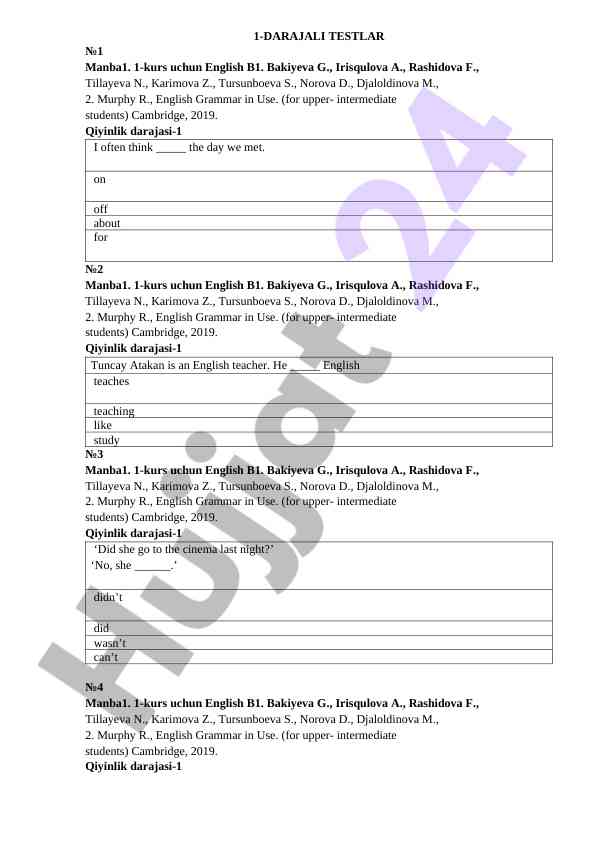 1-darajali english b1 testlar
