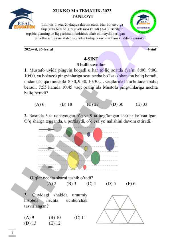 Zukko matematik-2023 tanlovi imtihoni savollari