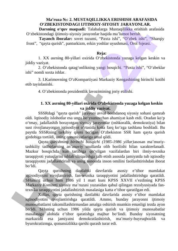 O'zbekistondagi ijtimoiy-siyosiy jarayonlar haqida