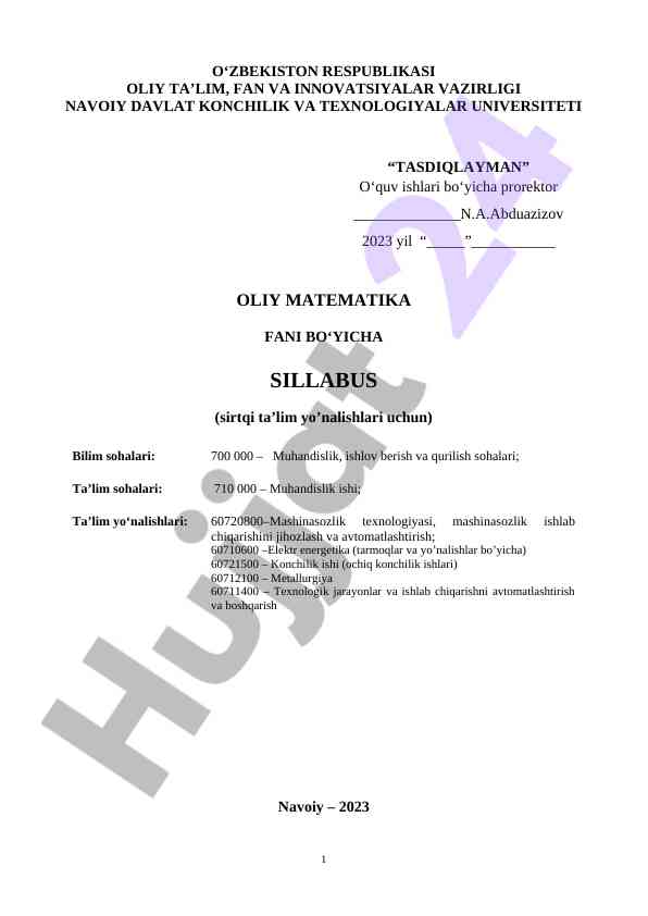 Oliy matematika fani bo‘yicha sillabus 2023