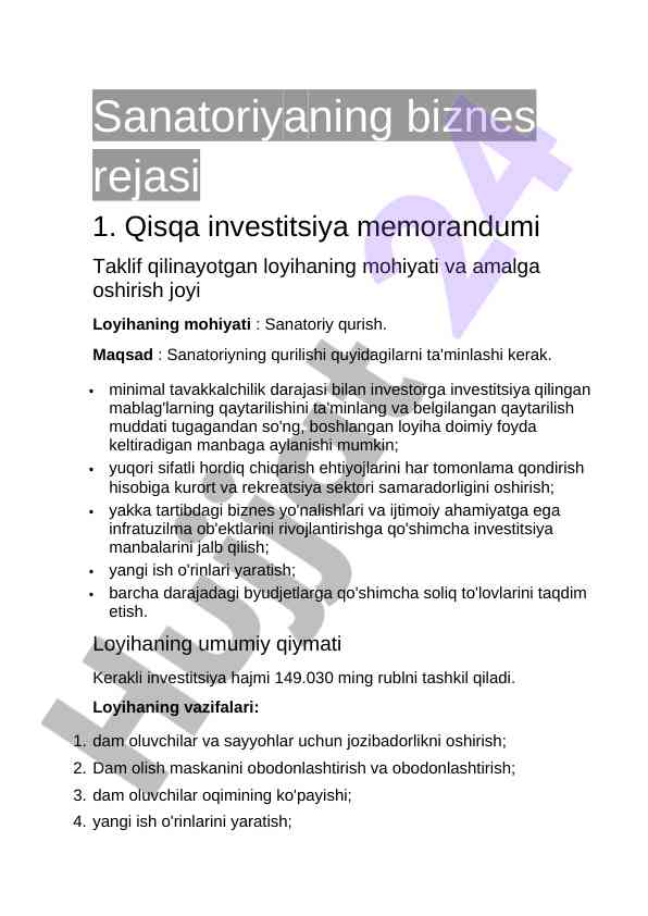 Sanatoriyaning biznes rejasi va investitsiya taklifi