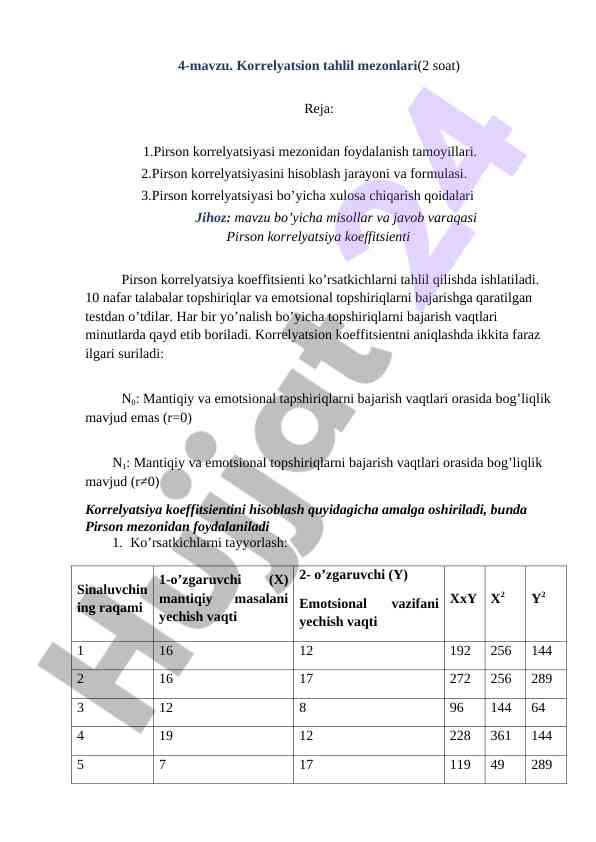 Korrelyatsion tahlil mezoni va pirson formulasi