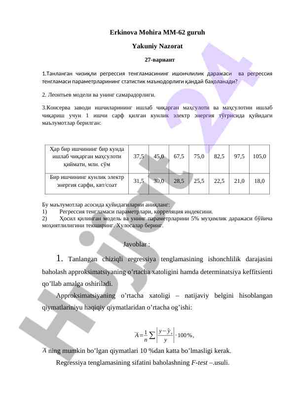 Chiziqli regressiya tenglamasi va modellar