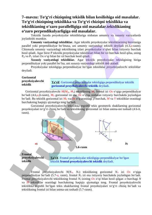 To‘g‘ri chiziqning tekislik bilan kesilish masalalari