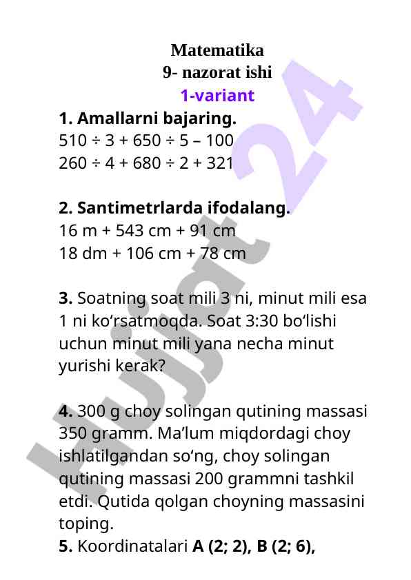 Matematika 9-nazorati 1-variant masalalari