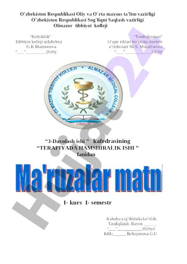 Hamshiralik ishiga o‘quv rejasi va ma’ruzalar