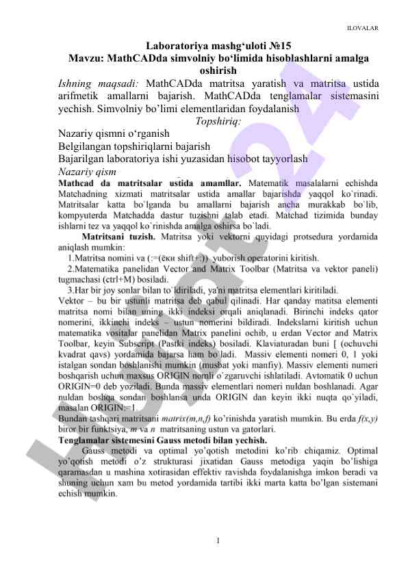 Mathcadda simvolniy bo‘limida hisoblashlar