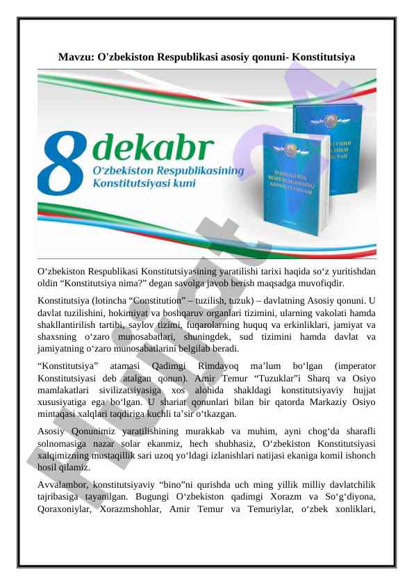 O‘zbekiston respublikasi konstitutsiyasining yaratilishi