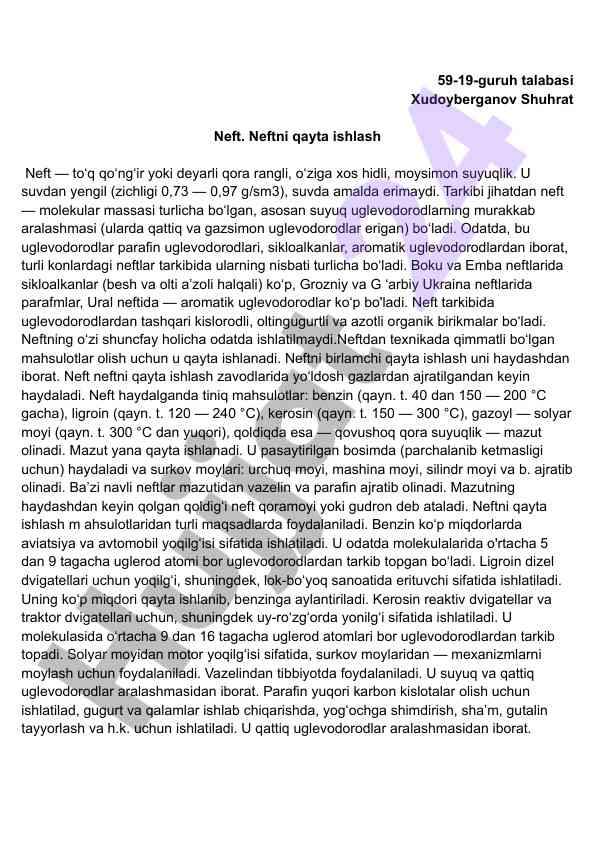 Neftni qayta ishlash va uning xususiyatlari