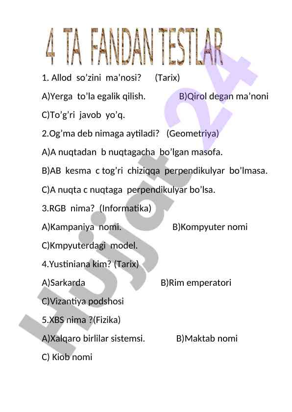 Tarix va informatika fanidan savollar