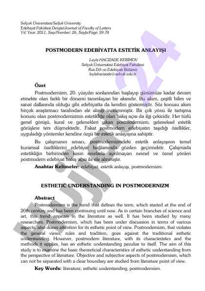 Postmodern edebiyatın estetik anlayışı i̇ncelemesi